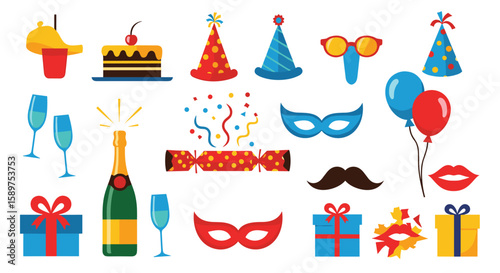 Collection of festive celebration party elements and decorative accessories for special occasions and gatherings