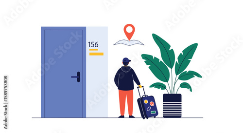 Traveler arrives at hotel room door with luggage ready to check into accommodation for vacation or business trip