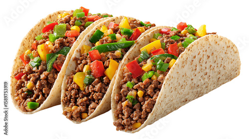 Delicious tacos filled with ground beef, corn, and colorful bell peppers isolated on transparent background