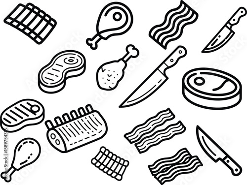 Collection of meat and butcher knives icons on white background