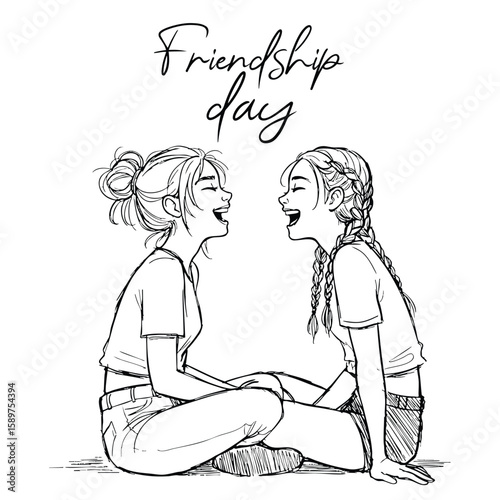 Friendship Day Joy Two Best Friends Laughing Together in a Beautiful Sketch Illustration silhouette