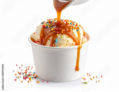 Caramel sauce is poured over a scoop of vanilla ice cream with colorful sprinkles in a white paper cup.
