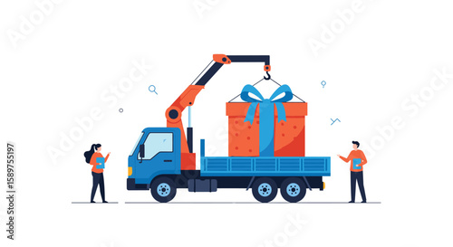 Crane truck delivering large wrapped gift box with people supervising the unloading process
