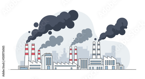 Industrial factories emitting dark smoke into the atmosphere against a hazy city skyline representing pollution and environmental concerns