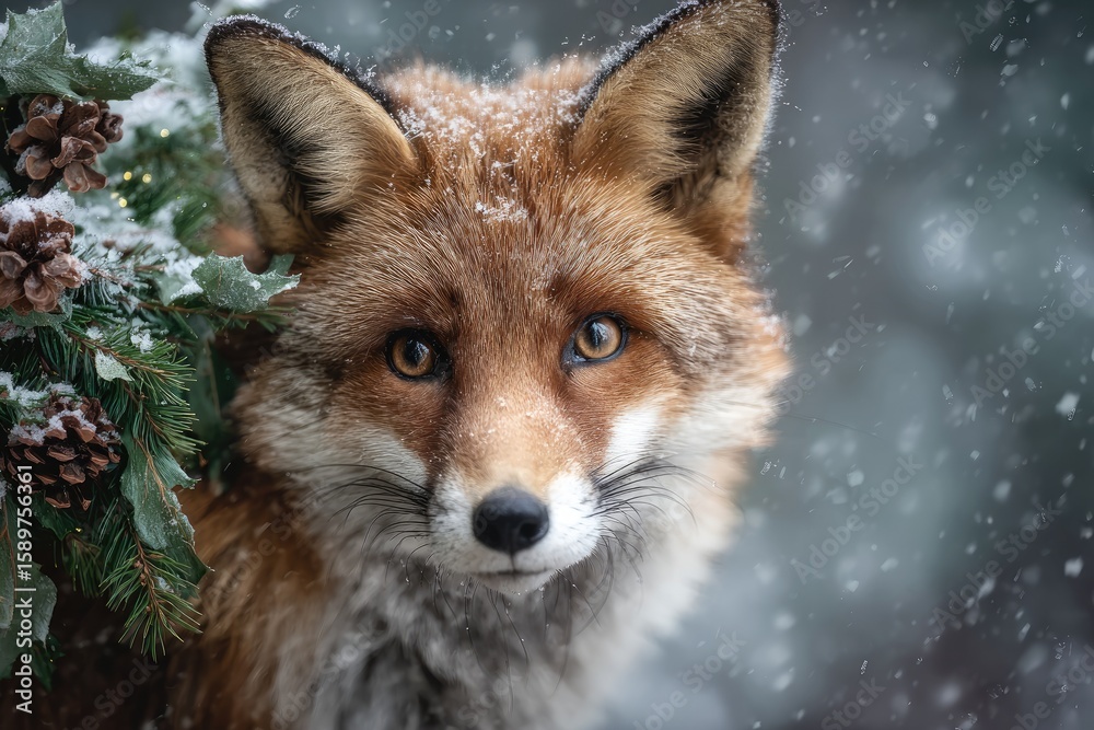 Fototapeta premium Wild animal in snowy forest (like a fox or bird) with subtle Christmas decorations (like a pinecone wreath), nature holiday theme