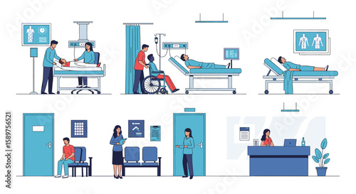 Illustrations depicting various medical scenarios including doctors patients hospital rooms and waiting areas