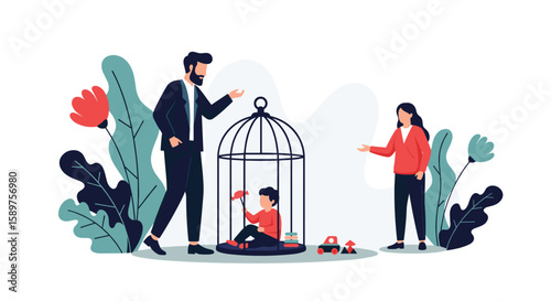 Parents keeping child locked in a birdcage symbolizing overprotection or emotional distress parenting styles leading to isolation