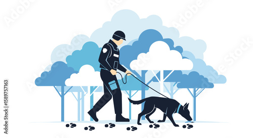 Dedicated officer and loyal canine partner conduct ground search in snowy outdoor environment amidst trees and clouds