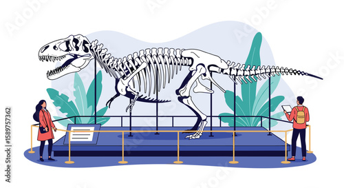 Visitors marvel at a colossal dinosaur skeleton exhibit in a natural history museum hall