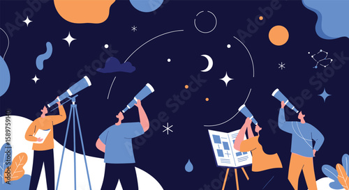 Observing the night sky people looking through telescopes discovering stars planets and the moon in an astounding cosmic display