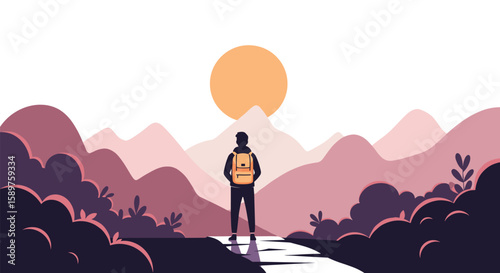 Solo hiker observes a vibrant sunset painting the sky over a misty mountain range with a reflective river flowing through the foreground