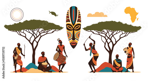 Vibrant african cultural celebration featuring traditional music dance and ancestral masks under acacia trees symbolizing heritage and community spirit