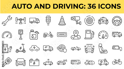 Auto and driving set icons in minimal line style for transportation  