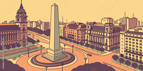 Aerial view of Buenos Aires at sunrise shows the Obelisk rising from the Avenida 9 de Julio with elegant European-style architecture bathed in gold