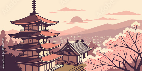 Aerial view of Kyoto at sunrise captures ancient temples and traditional wooden rooftops surrounded by cherry blossoms, glowing in morning light
