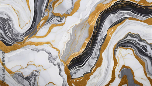 A gorgeous swirl of white, black and grey with golden veins forms an abstract liquid marble background.
