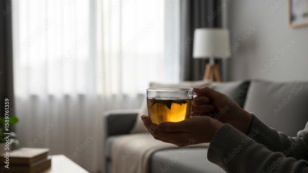 Woman holding a cup of herbal tea in a cozy living room, enjoying a moment of relaxation and wellness Woman holding a cup of herbal tea in a cozy living room, enjoying a moment of relaxation and wellness
