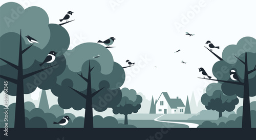 A tranquil rural landscape with many birds perched and flying amidst lush green trees and a cozy house in the distance