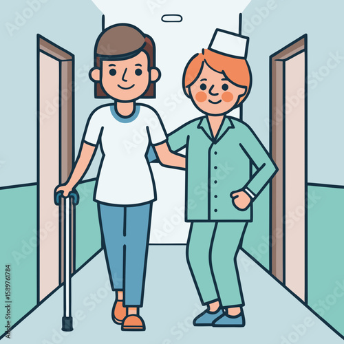 Patient walking with nurse in hallway of healthcare facility  