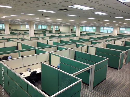 Modern open concept office with green cubicles and bright fluorescent lighting high resolution photo