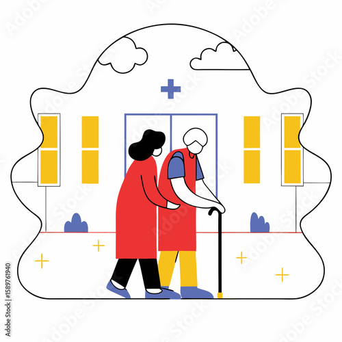 Young woman assisting elderly man walking with a cane outside clinic  