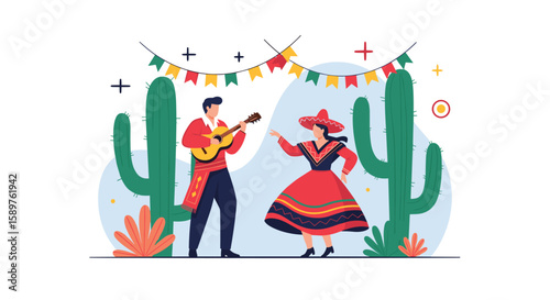 Vibrant celebration of mexican culture with music dance and festive decorations amidst cacti
