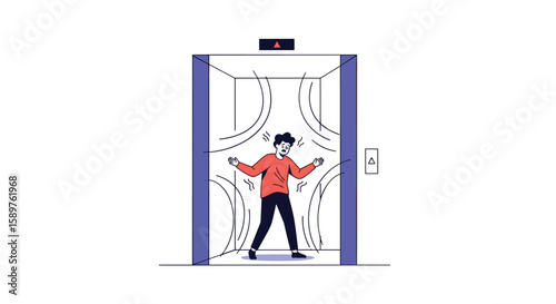 Anxiety and claustrophobia person feeling trapped inside a small elevator with doors opening
