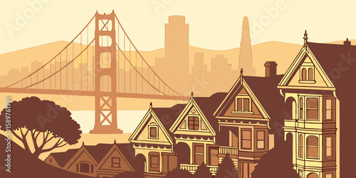 Aerial view of San Francisco at sunrise shows the Golden Gate Bridge emerging from morning mist above Victorian homes in golden light