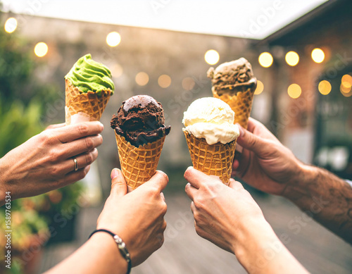 Four people sharing ice cream cones outdoors, enjoying a sweet treat together.