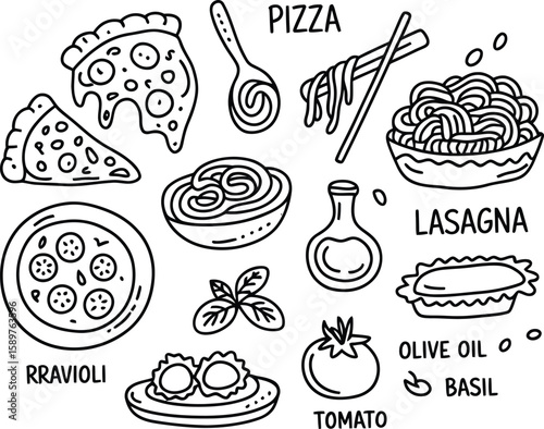 Hand drawn italian food icons featuring pizza pasta ravioli and lasagna