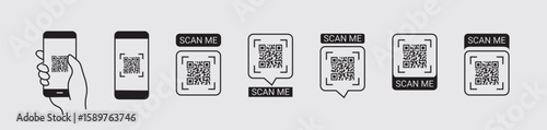 
Mobile Phone Scanning QR Code – Hand Holding Smartphone with QR Code Icon – Vector Illustration of Digital Scan Technology
