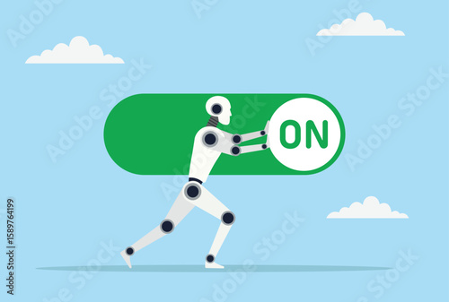 Vector illustration of a robot attempting to switch a button from OFF to ON, symbolizing AI activation, automation control, technological progress, and system startup

