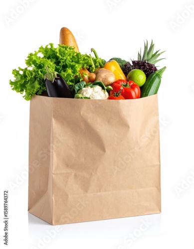 Brown paper grocery bag filled with various fresh produce