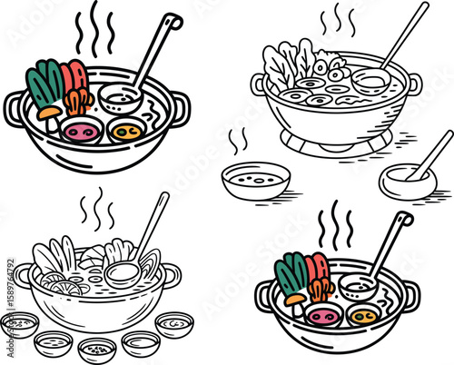 Stylized illustrations of hot pot meals with various ingredients and dipping sauces
