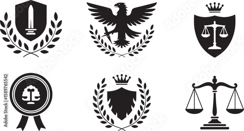 Black and White Law and Justice Icons Set: Court, Eagle, Scales, Lion, Shield, Laurel Wreath, Bullet