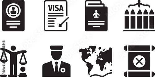 Black and White Immigration and Law Icons Set: Passport, Visa, Court, Justice, Policeman, World Map, Scroll