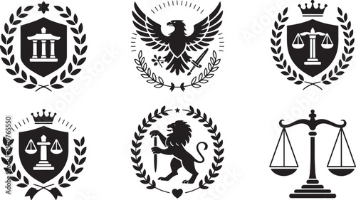 Black and White Law and Justice Icons Set: Court, Eagle, Scales, Lion, Shield, Laurel Wreath, Crown