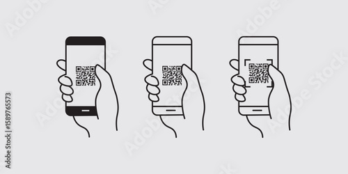 Mobile Phone Scanning QR Code – Hand Holding Smartphone with QR Code Icon – Vector Illustration of Digital Scan Technology
