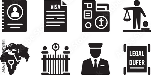 Black and White Legal and Immigration Icons Set: Passport, Visa, Document, Justice, World, Scroll