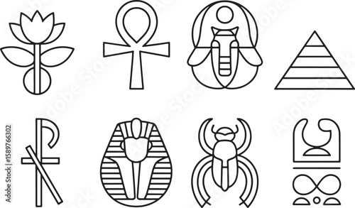 Ancient Egypt Hieroglyphs Collection Outline Style Vector Illustration Symbols of Egyptian Culture and History