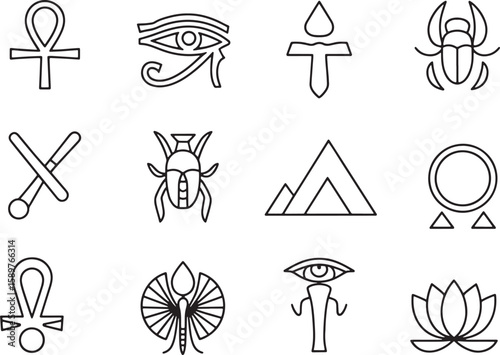 Ancient Egyptian Symbols Collection Outline Style Vector Illustration of Culture and History of Egypt