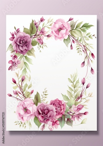 A beautiful floral wreath design featuring soft pink roses and green leaves, perfect for use in invitations, greeting cards, or any nature-themed decor