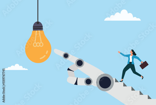 Vector illustration of a businesswoman running toward a light bulb, followed by a robotic hand, symbolizing innovation, AI support, creativity, and the future of business ideas
