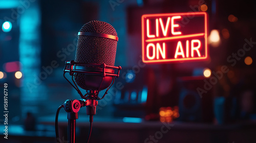 Studio background featuring a vintage microphone with a vibrant neon sign reading Live On Air, evoking the essence of live broadcast media and production setup.