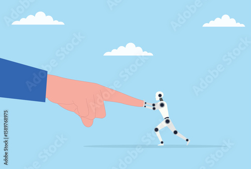 Vector illustration of a robot fighting against a giant hand, symbolizing the struggle between AI technology and human control, highlighting conflict, resistance, and innovation

