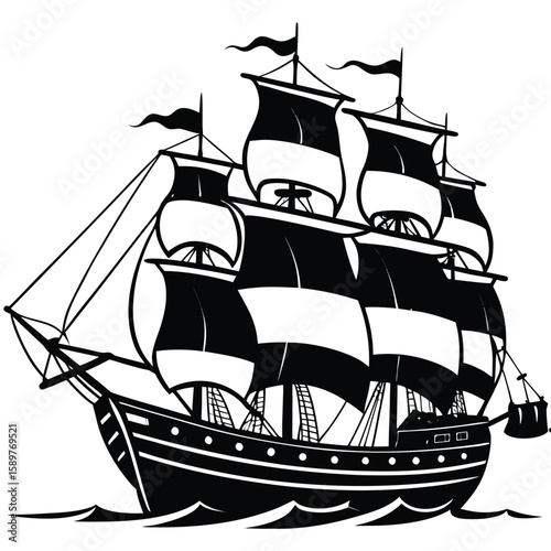 A vector silhouette of an old pirate galleon sailing on the ocean