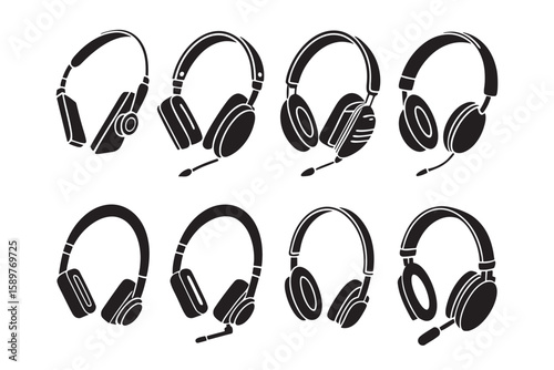 Eight Black Headphone Silhouettes Various Styles headphones