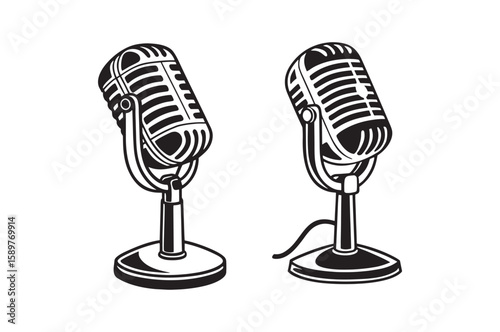Two Vintage Black Microphones on Stands vintage microphone