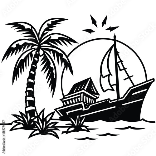 Tropical summer vacation design with sailing boats on the beach and sea, silhouetted by the sunset, surrounded by palm trees