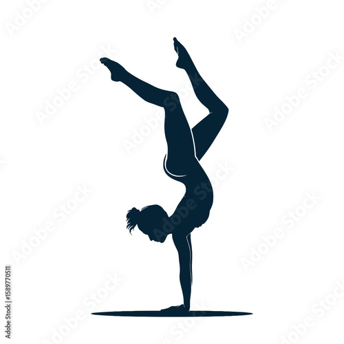 Silhouette of a woman performing a gymnastic handstand on a white background isolated on white background